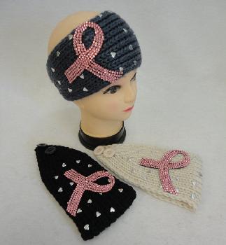 Hand Knitted Ear Band [Pink Rhinestone Ribbon w Heart Studs]